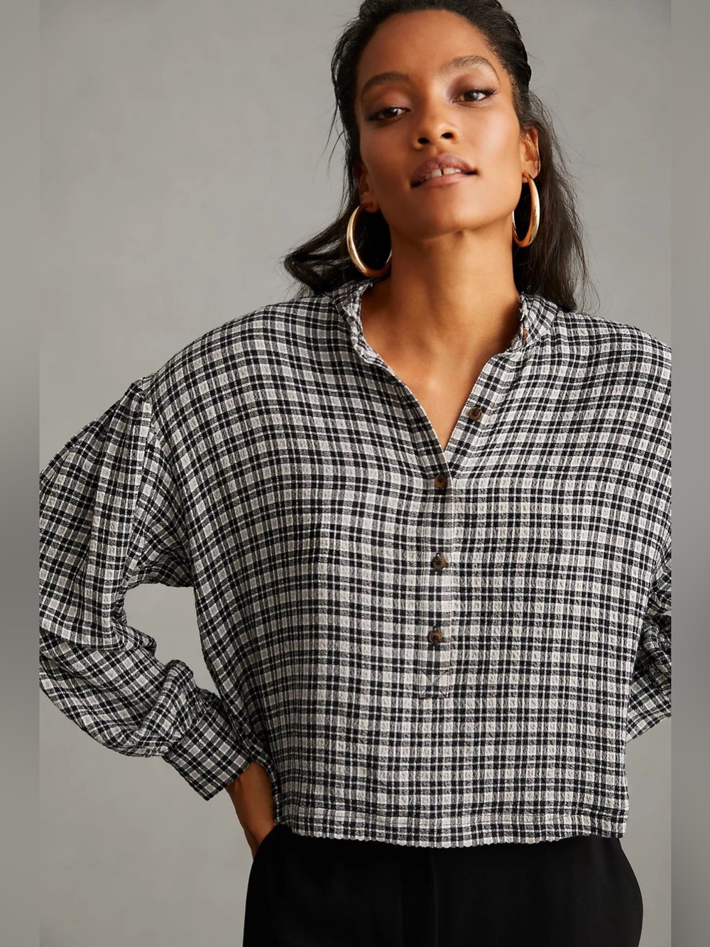 Pilcro Plaid Crop Puff Sleeve Blouse Frayed Trim Women Size S